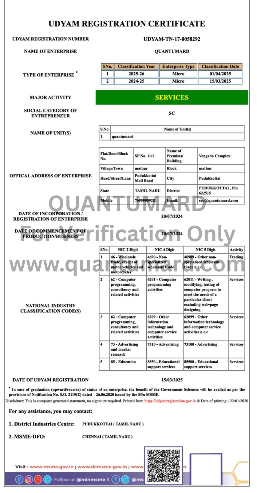 Quantumard UDYAM certificate
